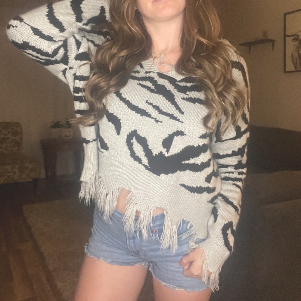 Polly & Esther Animal Print Distressed Sweater